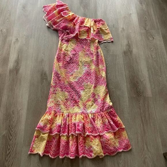 elliatt arundel pink one shoulder ruffle detail embroidered maxi summer dress - Picture 3 of 13